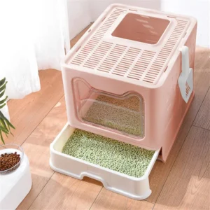 Large Pink Cat Litter Box Tray Top Entry Cat Toilet with Lid Hooded Kitten Litter Drawer Tray with Scoop No Smell Easy Cleaning