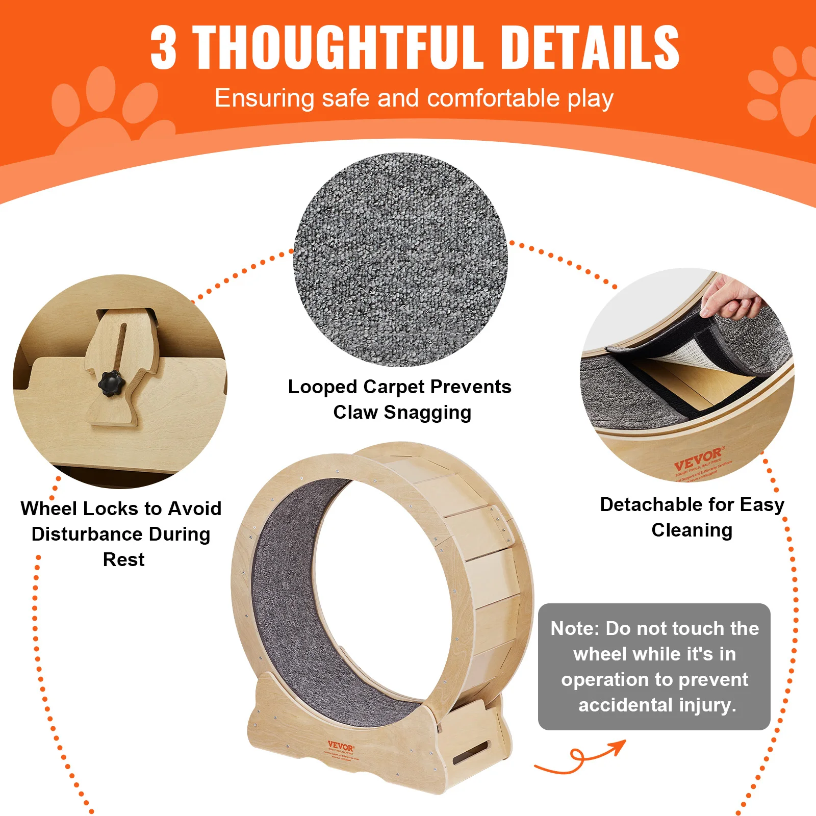 VEVOR Cat Exercise Wheel Natural Wood Silent Running Toy Treadmill Roller Wheel with Detachable Carpet for Most Cats Pet Fitness - Image 10
